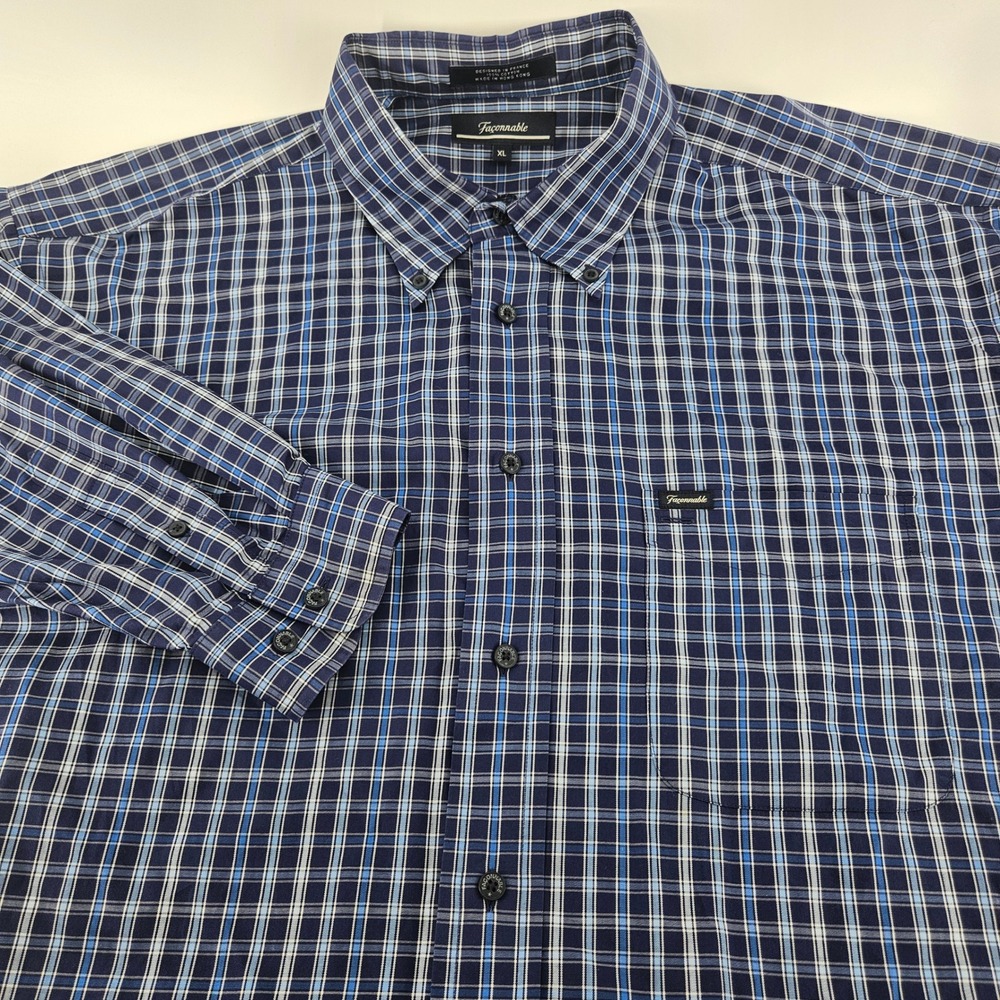 Faconnable Mens XL Blue Plaid Button Down Shirt 100% Cotton Long Sleeve